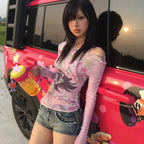 Karrram Japanese Y2k Anime Print Mesh Tops 2000s Aesthetics Pink Sheer Top Vintage Harajuku Kawaii See Through T-shirt Lolita SS69