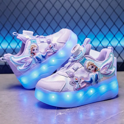 Disney Princess Two Wheels Children's Led Light Roller Skate Shoes For Girls 2025 Glowing Sports Luminous Sneakers