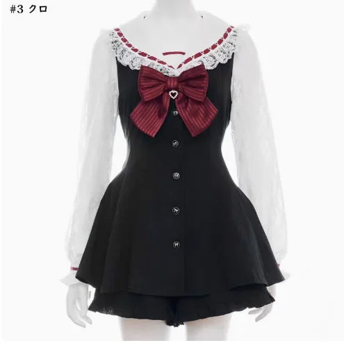 Geyalovvy Women's Lolita Sailor Collar Plaid Rhinestone Bow Two-Piece Set