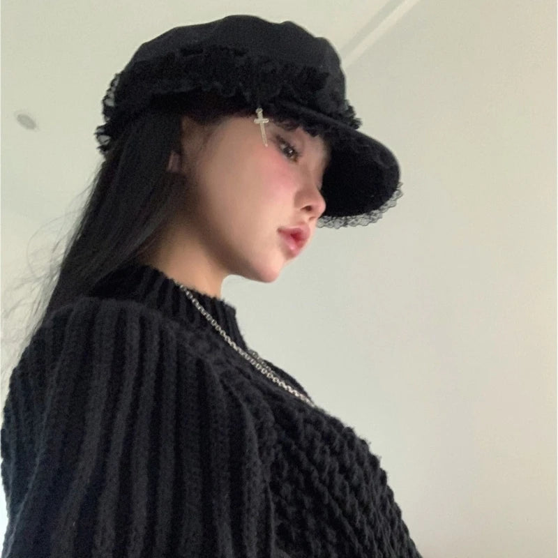 Japanese Women Double Layers Lace Beret Cap Fashion 2000s Girls Gothic Punk Cross Pendant Octagonal Hat Street Photography Hat SS69