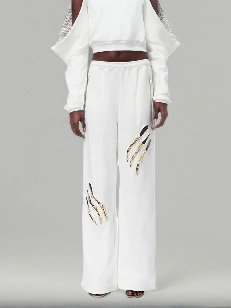 Solid Patchwork Diamonds Designer Wide Leg Pants For Women High Waist Patchwork Pockets Hollow Out Chic Pant Female SS69