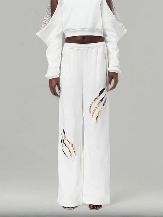 Solid Patchwork Diamonds Designer Wide Leg Pants For Women High Waist Patchwork Pockets Hollow Out Chic Pant Female SS69