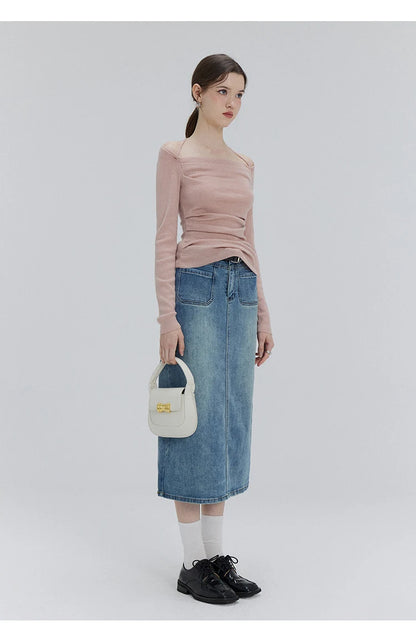 EGGKA Autumn One-shoulder Halter Neck Knitted Tops Women Slim Designer T-Shirts Slash Neck Long Sleeve Tops Korean Fashion Tees - SS69