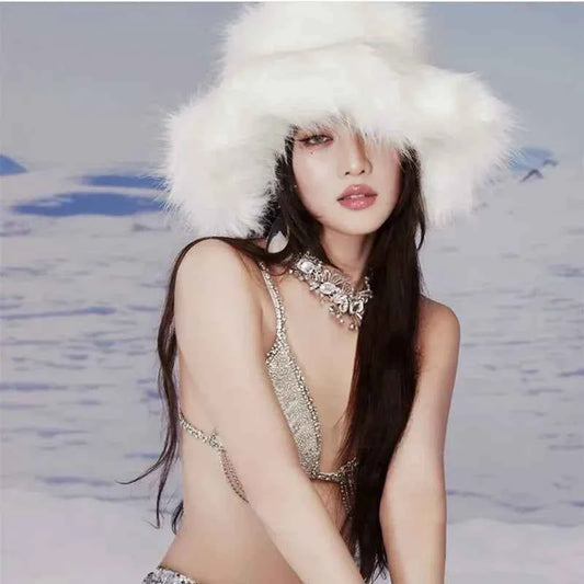 Luxury Fluffy Women Faux Fur Bucket Hats Oversized 17cm Wide Brim Thicken Outdoor Warm Plush Punk Hat Girl Y2k Female Ski Panama