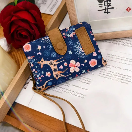 ISKYBOBCN Floral Print Short PU Leather Wallet with Zipper and Hasp Closure