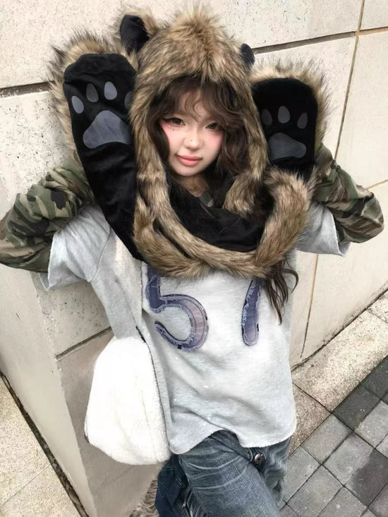 Japanese Kawaii Cute Fur Scarf Hat Winter Keep Warm Y2k Aesthetic Fashion Vintage Cap Bears Ears Women Hats Grunge Streetwear SS69