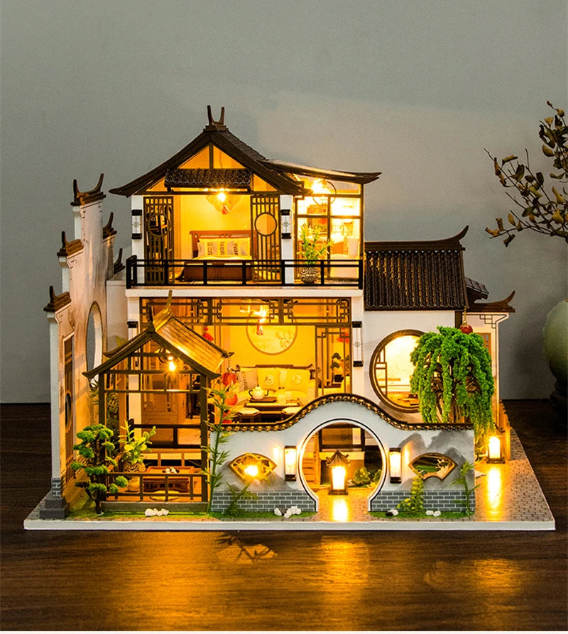 NEW DIY Wooden Doll Houses Japanese Ancient Casa Miniature Building Kits with Furniture Led Dollhouse for Adults Christmas Gifts SS69