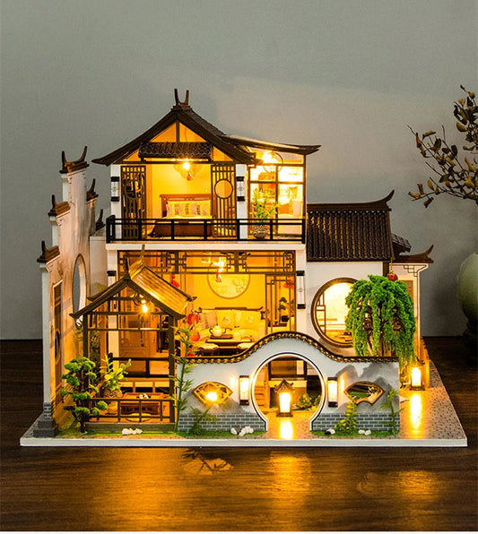 NEW DIY Wooden Doll Houses Japanese Ancient Casa Miniature Building Kits with Furniture Led Dollhouse for Adults Christmas Gifts SS69