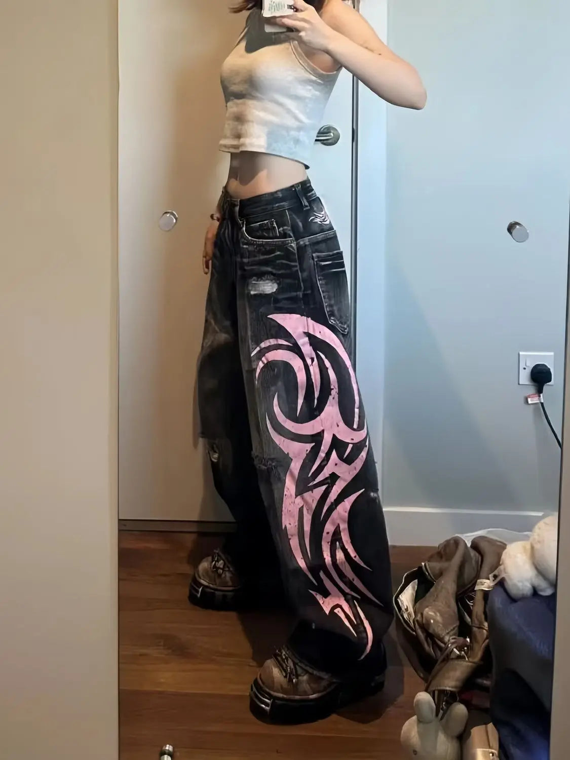 Y2K American Vintage Mottled Totem Print Baggy Jeans Women's High Waist Wide Leg Jeans Women's Harajuku Trendy Hip-hop Jeans SS69