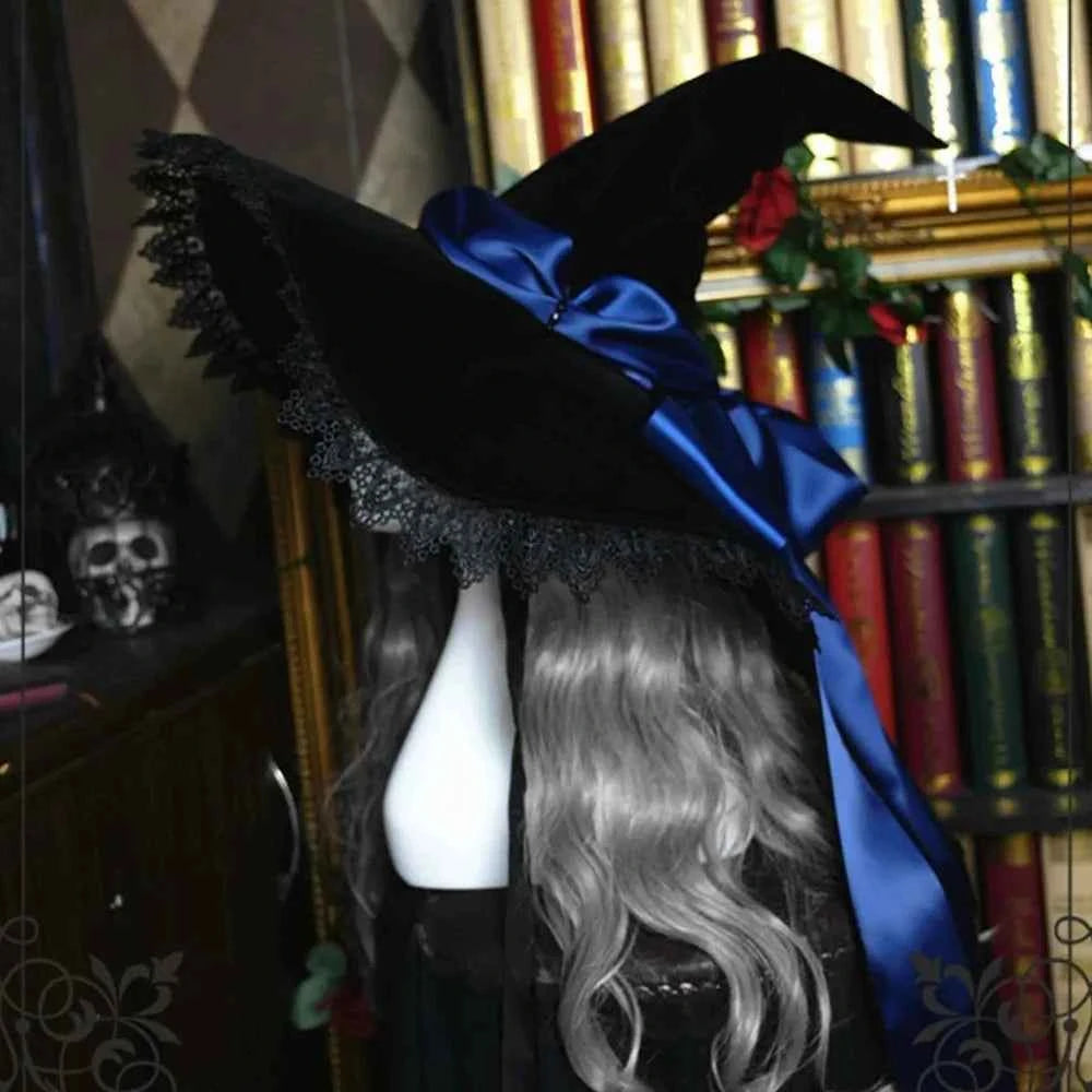 Handmade Lace Witch Pointed Hats Bandage Bow Wizard Hat Adult Gothic Lolita Cosplay Costume Halloween Party Bucket Hat