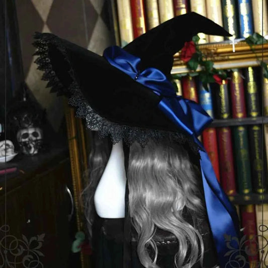 Handmade Lace Witch Pointed Hats Bandage Bow Wizard Hat Adult Gothic Lolita Cosplay Costume Halloween Party Bucket Hat