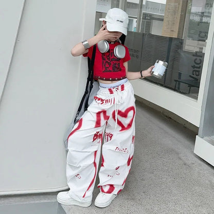 summer junior Girls Love Graffiti Casual Pants teenager girl Casual Hip Hop cargo pants kids Dance pants children clothes SS69