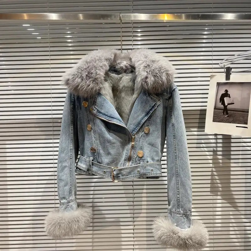 Winter Women Denim Coat Jacket Fox Collar Short  Warm High Street Outerwear Thicken Coat High Quality Luxury Design Party Wear