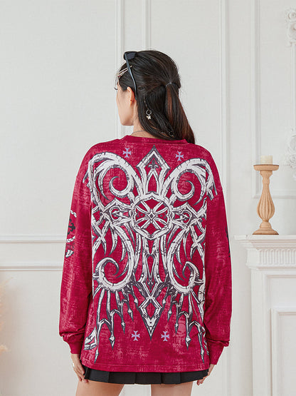 Women s Vintage Graphic Tops Gothic Long Sleeve Round Neck Loose T-Shirts Streetwear Grunge Tops SS69