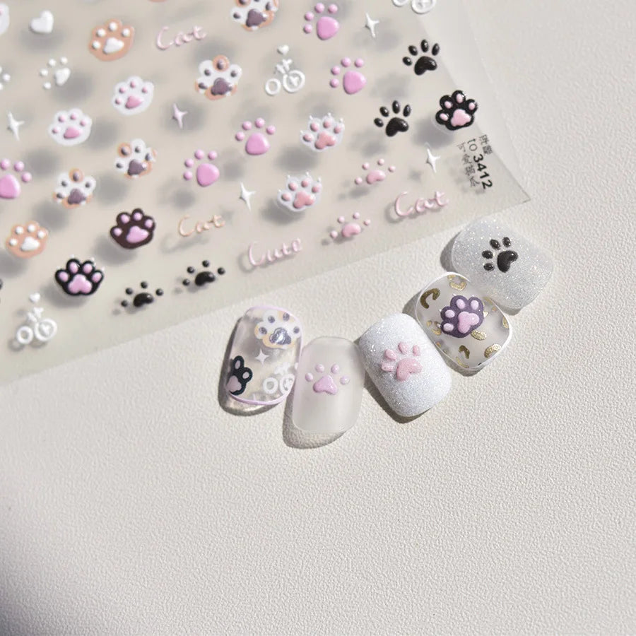 Cute Jelly Pink Cat Paw Print Nail Sticker Kawaii Pink Black Cat Claw 5D Embossed Self-Adhesive Nail Art Sticker Nail Art Decal SS69