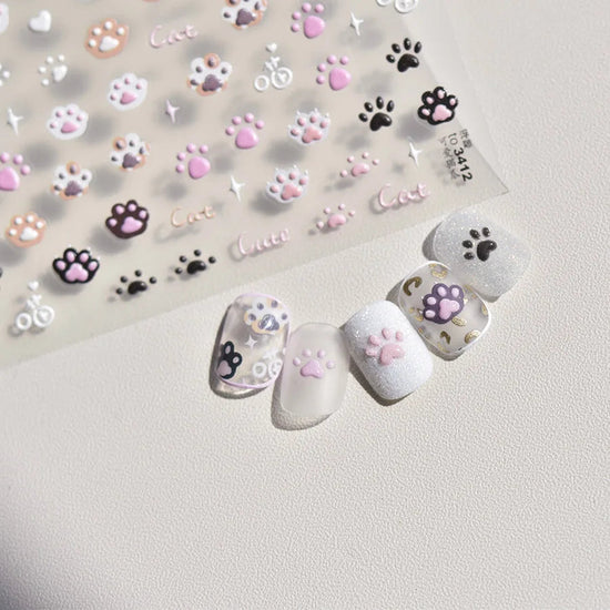 Cute Jelly Pink Cat Paw Print Nail Sticker Kawaii Pink Black Cat Claw 5D Embossed Self-Adhesive Nail Art Sticker Nail Art Decal SS69