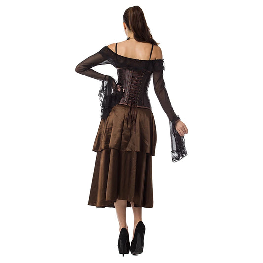 SS69 Brown Steampunk Underbust Corset, Steel Boned Floral Waist Trainer