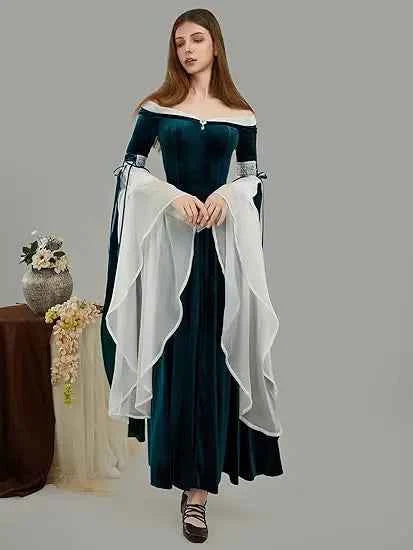DAIZBELLA Women's Medieval Renaissance Costume Elf Style Off Shoulder Green Velvet Long Slim-fit Dress with Chiffon Sleeves