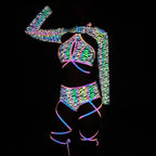 Harajuku Fashion Women Colorful Reflective Set Bandage Shorts+Bra+Crop Top Techwear Clothing Conjuntos Curtos SS69