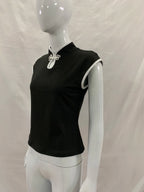 Women's Beige Chinese Style Cheongsam Blouse Vintage Mandarin Collar Short Sleeve Crop Top with Frog Button Keyhole Asymmetrical