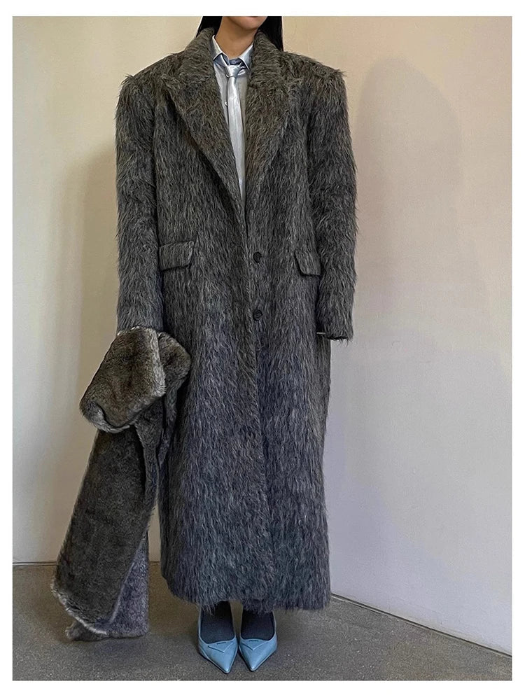 Mauroicardi Autumn Winter Oversized Extra Long Warm Thick Gray Wool & Blends Coat Women Loose Casual Fluffy Korean Fashion 2024