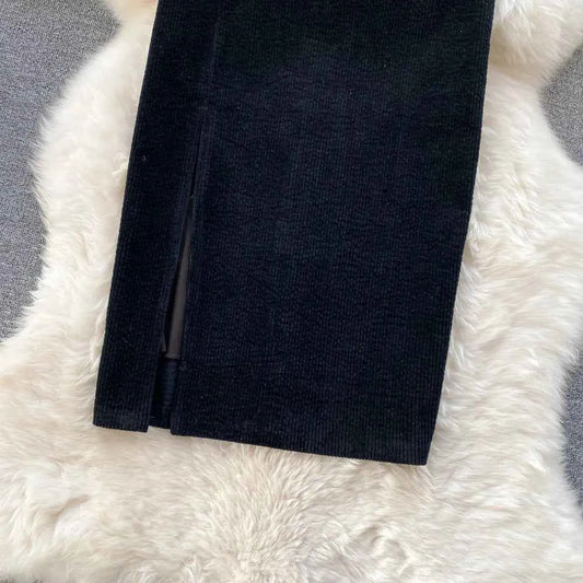 SINGREINY Women Korean Split Sexy Long Skirt 2024 Winter Corduroy Slim Thick Streetwear Fashion Vintage Autumn Bodycon Skirt