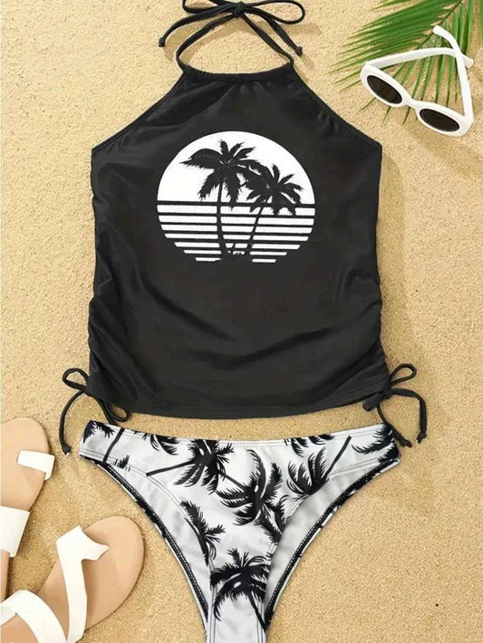 Sexy Solid Print Tankini Set Tied Halter Swimsuit Women Swimwear Biquinis Summer Backless Beach Bathing Suit One Piece Swimsuit