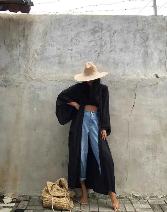 Solid Beach Cover Up Women Self Belted Wrap Kimono Dress Swimsuit 2025 New Robe Summer Beachwear Factory Supply
