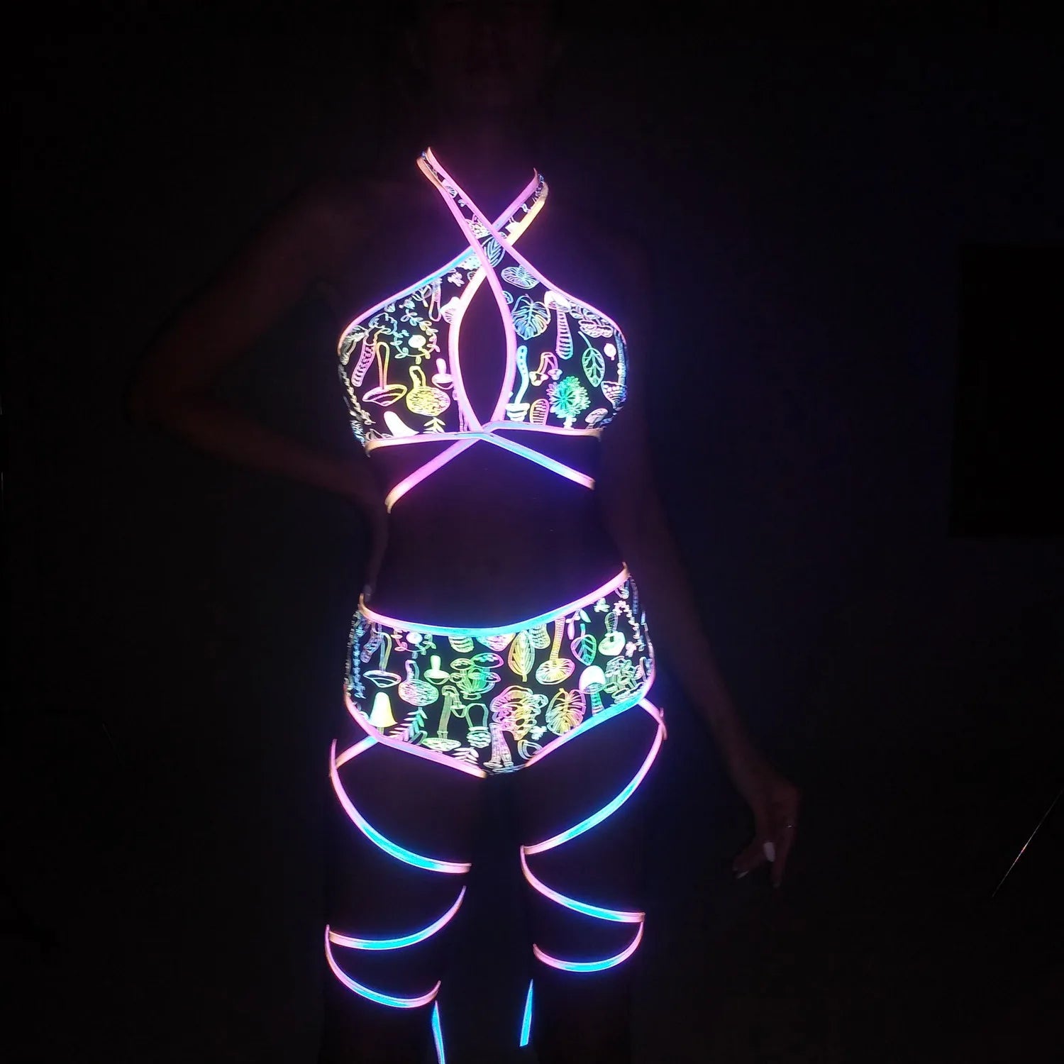 Harajuku Fashion Women Colorful Reflective Set Bandage Shorts+Bra+Crop Top Techwear Clothing Conjuntos Curtos SS69 37.69 2 piece set a / S