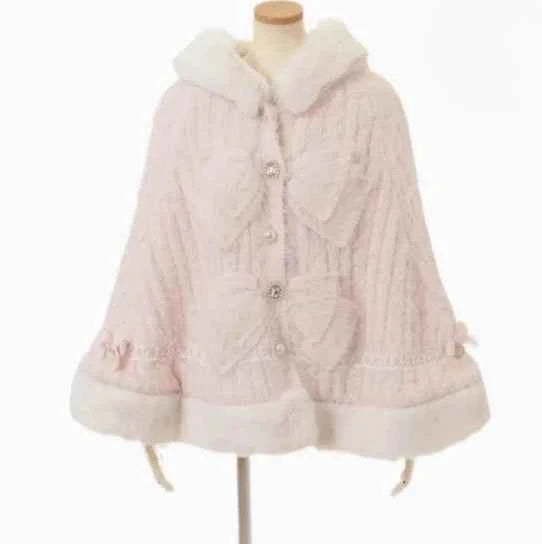 Autumn and Winter Japanese Liz Furry Knitted Cape Coat Sweet Girls Women Mine Series Cute Bow Princess Hooded Kawaii Lolita Coat