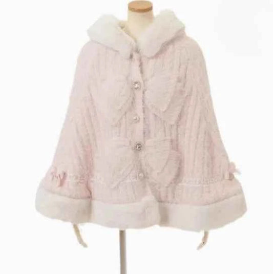 Autumn and Winter Japanese Liz Furry Knitted Cape Coat Sweet Girls Women Mine Series Cute Bow Princess Hooded Kawaii Lolita Coat