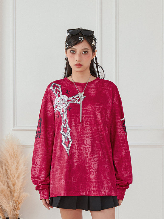 Women s Vintage Graphic Tops Gothic Long Sleeve Round Neck Loose T-Shirts Streetwear Grunge Tops SS69