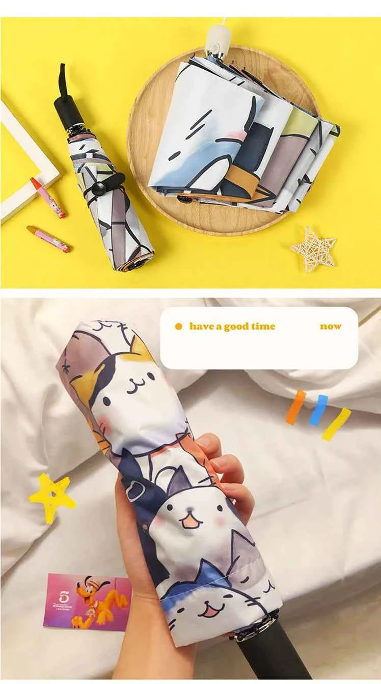 Women Automatic Umbrella Cartoon Cat Claw Automatic Folding Travel Umbrella Black Coating Sunscreen Girls Kids Umbrella Paraguas