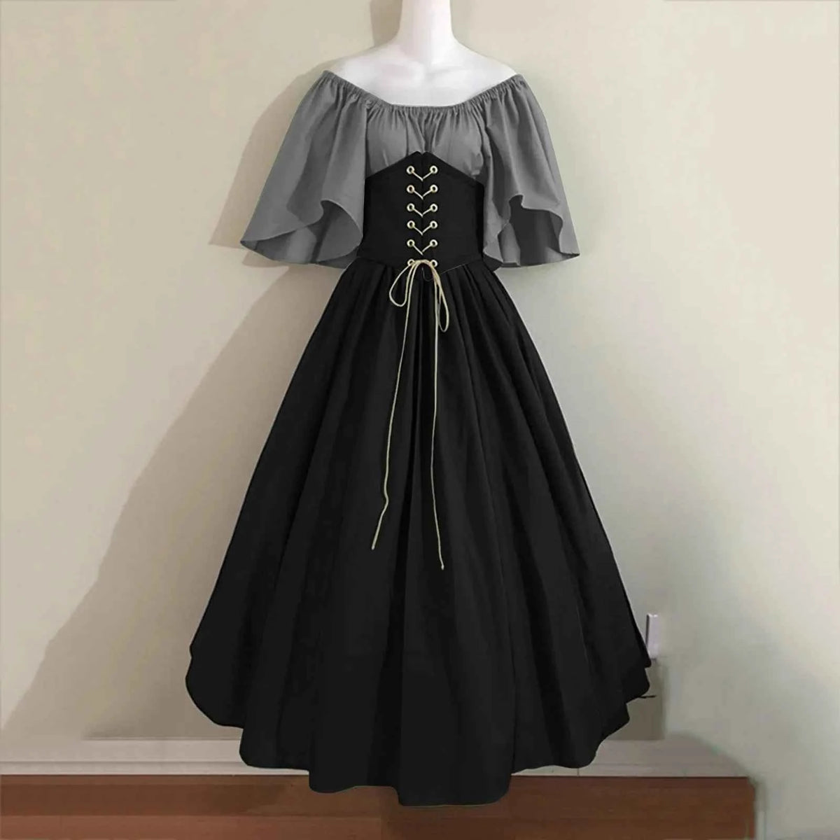 Halloween Costumes for Women Medieval Retro Contrasting Color Slim Swing Dress One-word Shoulder Dress Love Live Cosplay