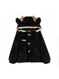 Lautaro Autumn Winter Thick Warm Sweet Cute Lace Patchwork Faux Fur Coat Hoodie Women with Deer Ears Horn Buttons Fluffy Jacket