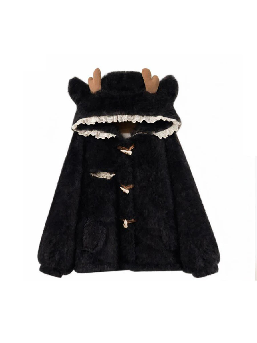 Lautaro Autumn Winter Thick Warm Sweet Cute Lace Patchwork Faux Fur Coat Hoodie Women with Deer Ears Horn Buttons Fluffy Jacket