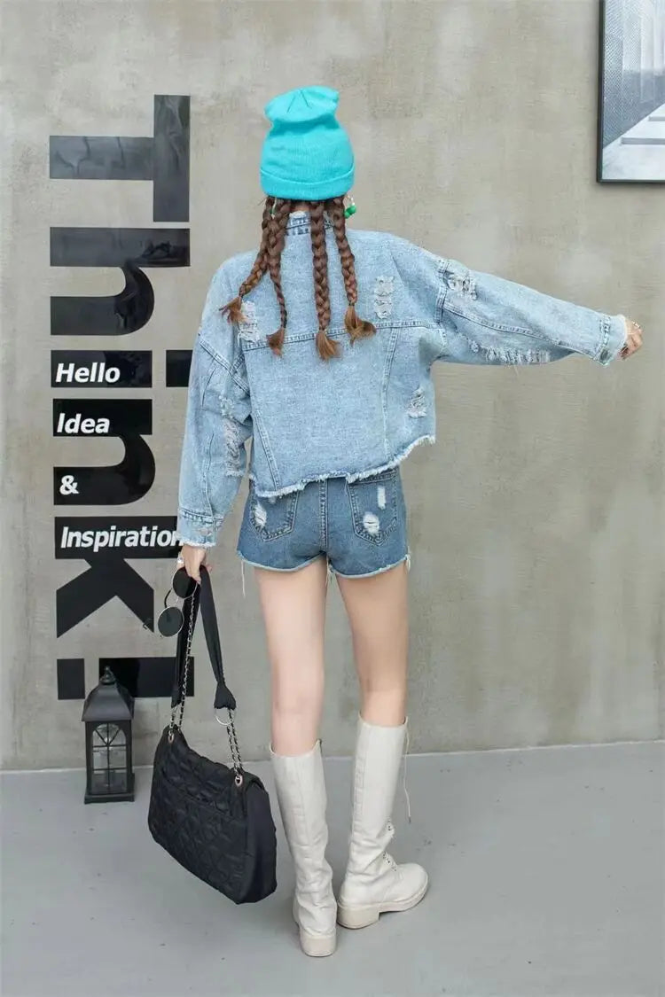 2024 New Women Coat Cartoon Sticker Embroidered Sequin Short Denim Jacket Loose Bowknot Top SS69