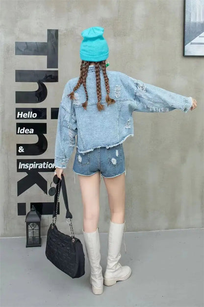 2024 New Women Coat Cartoon Sticker Embroidered Sequin Short Denim Jacket Loose Bowknot Top SS69