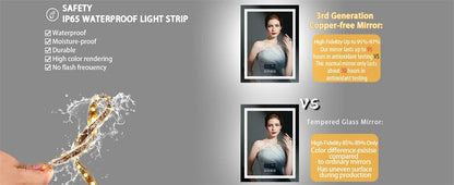 Smart LED Bathroom Mirror Rectangle Wall Mount Mirror w Bluetooth Speaker,Time,Temperature,Light Memory,Front & Backlit,Anti-Fog SS69