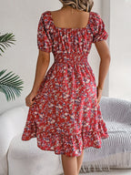 Summer Women's Beach Dress Floral 3D Print Square Neck Short-Sleeved Ladies Waist Ruffled A-Line Dress For Women Holiday Dresses