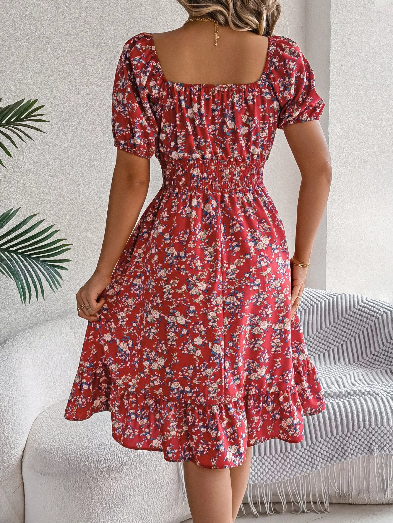 Summer Women's Beach Dress Floral 3D Print Square Neck Short-Sleeved Ladies Waist Ruffled A-Line Dress For Women Holiday Dresses