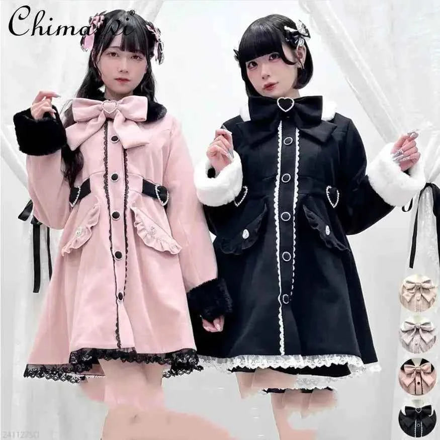 Japanese Sweet Winter Woolen Coat Lolita Style Cute Big Bow Fungus Edge Long Sleeve Slim Kawaii Girls Women Elegant Overcoat