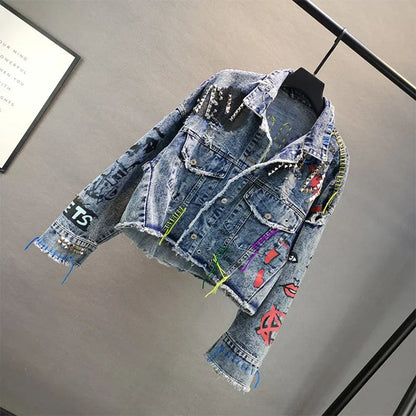 Women Diamonds Beaded Letters Graffiti Denim Coat Holes Rivets Tassels Jeans Bomber Jacket Casual Eyelet Cowboy Cardigan Jaqueta SS69