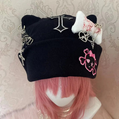Gothic Punk Cat Ear Hat Cross Skeleton Knitted Black Y2K Girl Subculture Cute Lace Net Hat Chinese Brand None( AE Stock) SS69