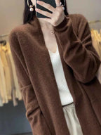 Merino Wool  Autumn winter brown Women 2026 knit Cardigan Long Sleeve Sweater Loose Warm Knitwear Long Coat korean christmas