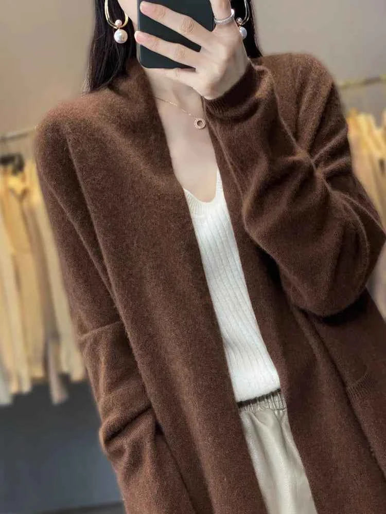 Merino Wool  Autumn winter brown Women 2026 knit Cardigan Long Sleeve Sweater Loose Warm Knitwear Long Coat korean christmas