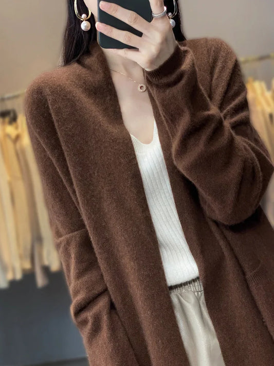 Merino Wool  Autumn winter brown Women 2026 knit Cardigan Long Sleeve Sweater Loose Warm Knitwear Long Coat korean christmas