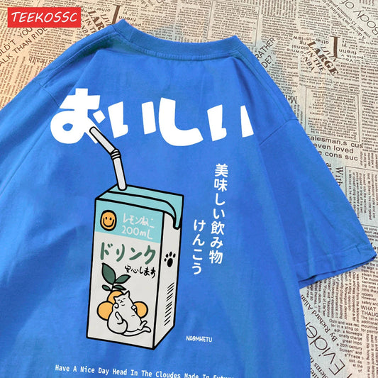 Cute Japanese Cat Print Oversized T-shirt Women Men Short Sleeve Loose Casual Tee Shirt Streetwear Tops Cotton Harajuku Clothing SS69 27.69 Blue / XXXL