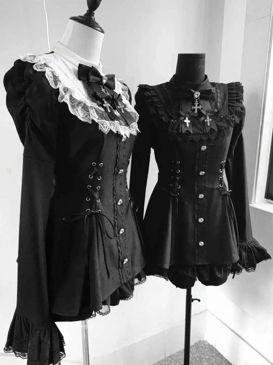 2025 Autumn Gothic Lolita Dress Sweet Heart Black Bow - Elegant Long Sleeve Short Dress with Lace Trim Slim Fit Waist for Women
