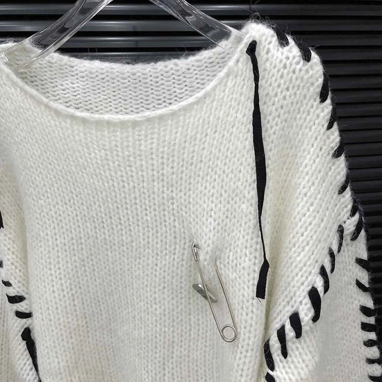 Loose Knitted Long Sleeve Crew Neck Pullover Sweater Fashionable Early Autumn New Style Wear Rope Pin Women's Top
